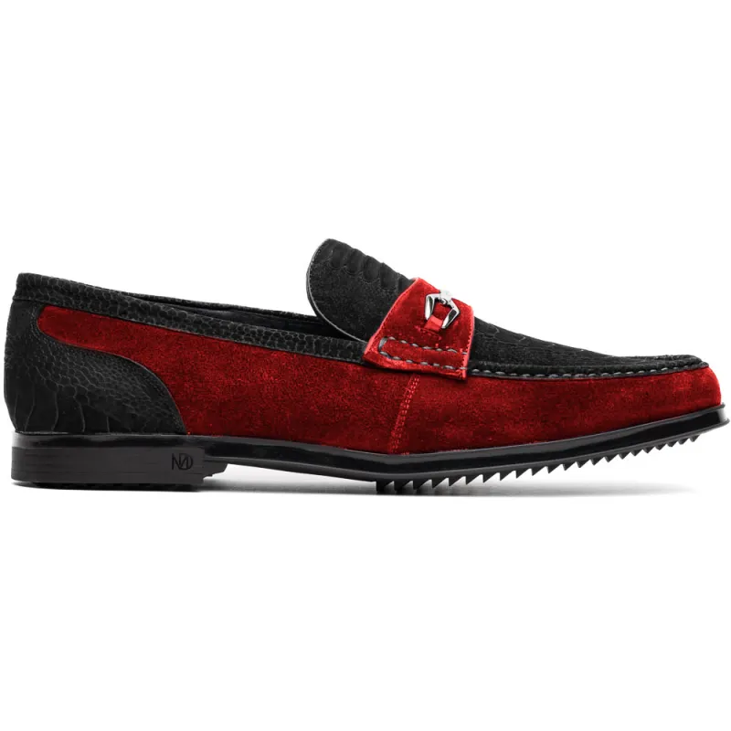 Marco Di Milano Black-Red Hugo Sueded Ostrich Leg Bit Loafers sold by Alberto Nardoni