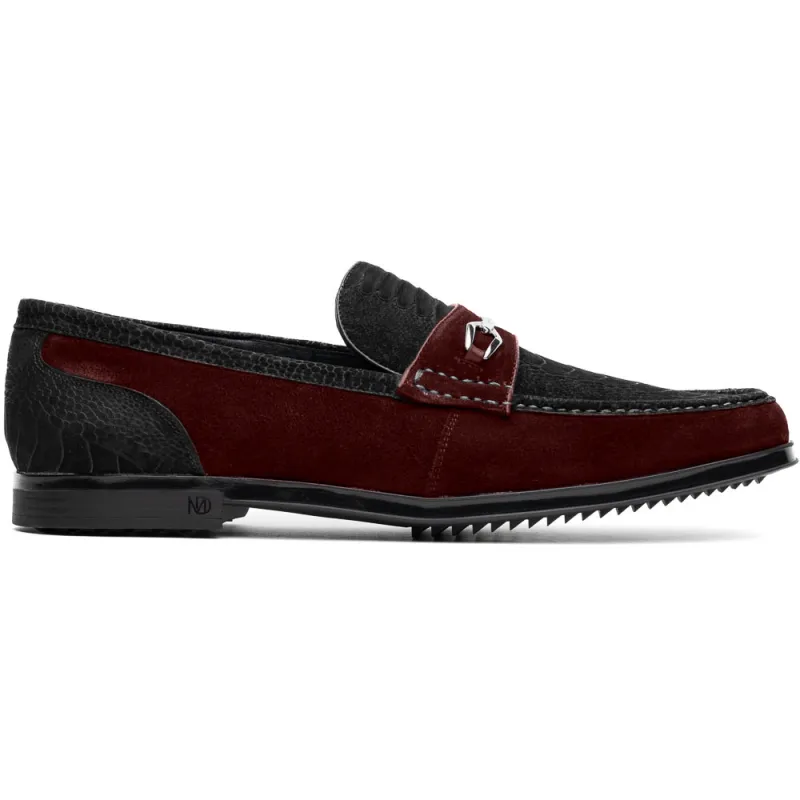 Marco Di Milano Black-Wine Hugo Sueded Ostrich Leg Bit Loafers sold by Alberto Nardoni