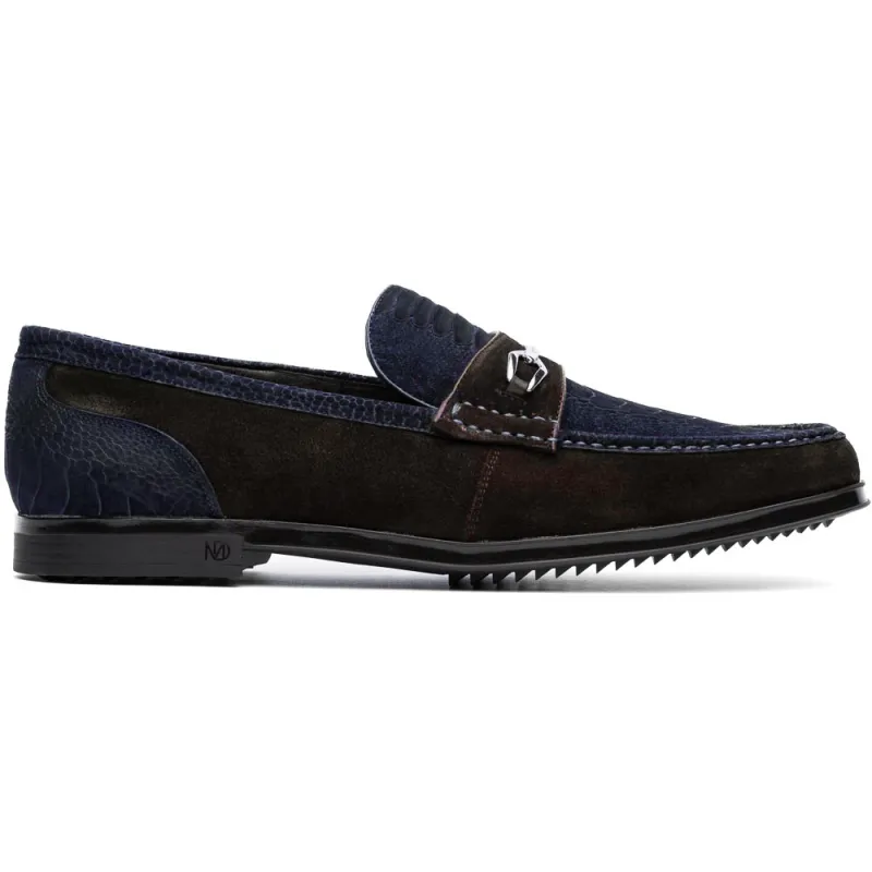 Marco Di Milano Navy-Brown Hugo Sueded Ostrich Leg Bit Loafers sold by Alberto Nardoni