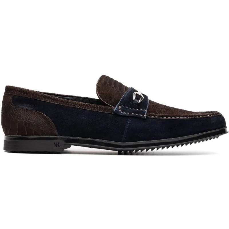 Marco Di Milano Brown-Navy Hugo Sueded Ostrich Leg Bit Loafers sold by Alberto Nardoni