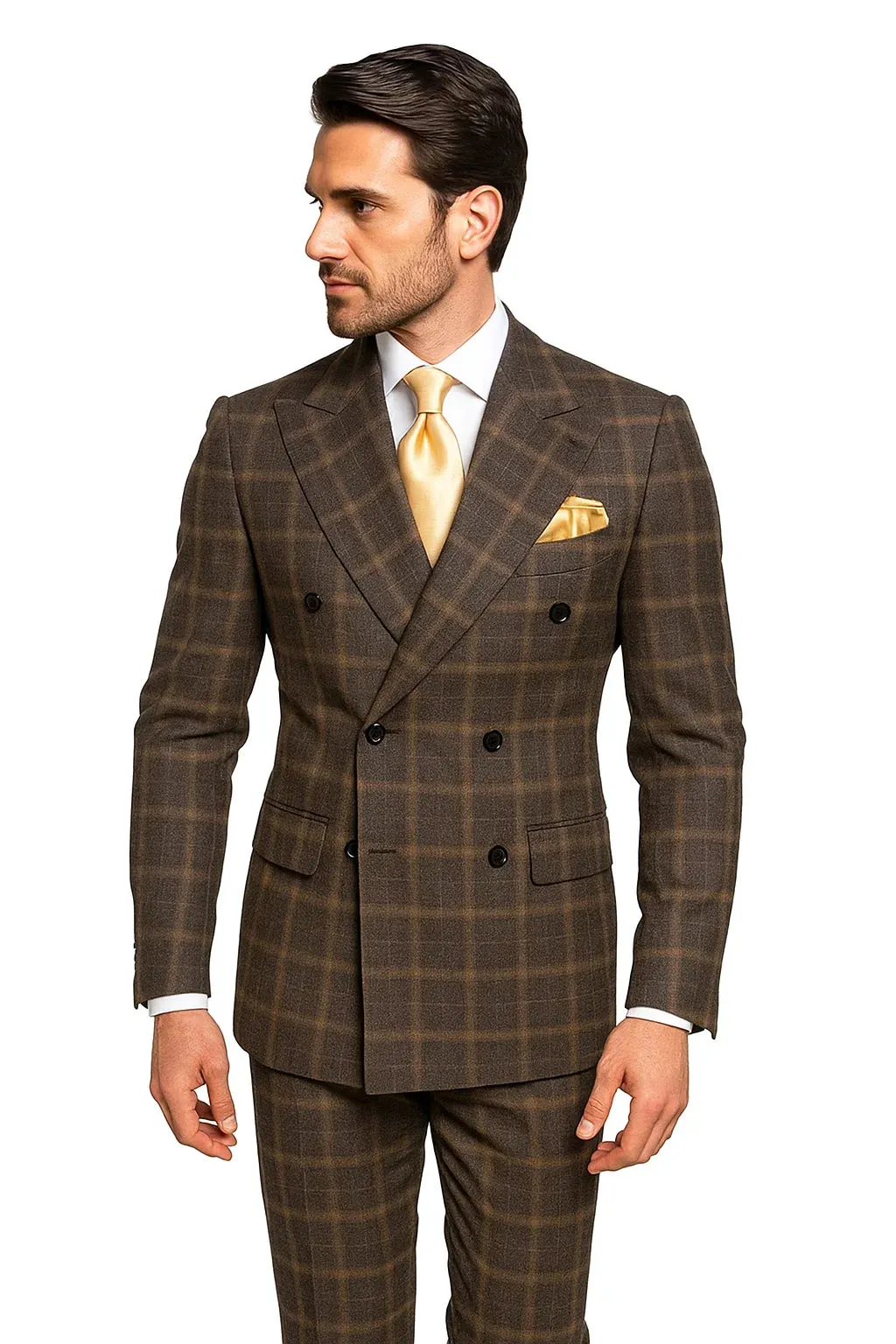 Rossiman Classic Wool Suit – Brown Windowpane Plaid Double-Breasted Formalwear sold by Alberto Nardoni product image thumbnail 5