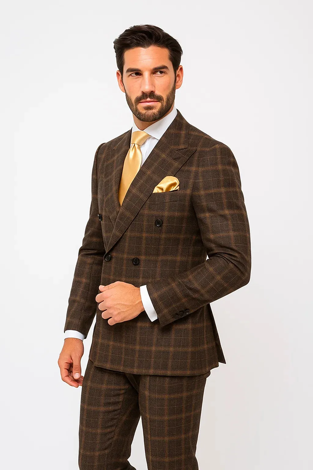 Rossiman Classic Wool Suit – Brown Windowpane Plaid Double-Breasted Formalwear sold by Alberto Nardoni product image thumbnail 4