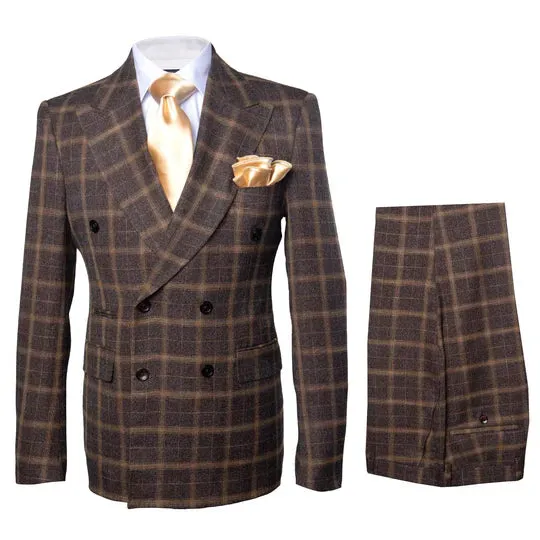 Rossiman Classic Wool Suit – Brown Windowpane Plaid Double-Breasted Formalwear sold by Alberto Nardoni product image thumbnail 3