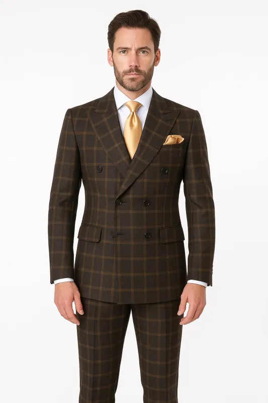 Rossiman Classic Wool Suit – Brown Windowpane Plaid Double-Breasted Formalwear made by Alberto Nardoni