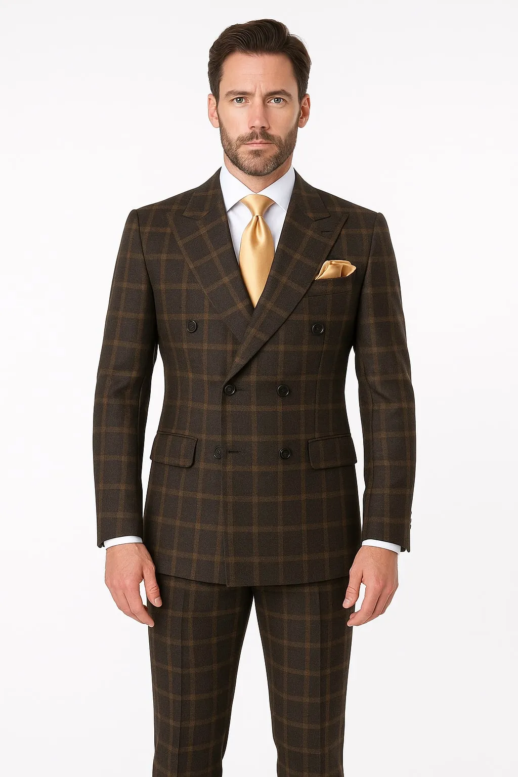 Rossiman Classic Wool Suit – Brown Windowpane Plaid Double-Breasted Formalwear sold by Alberto Nardoni