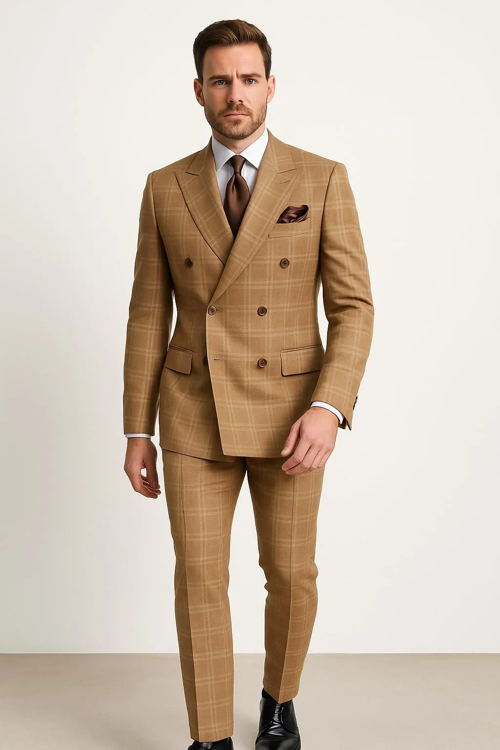 Tan Windowpane Plaid Suit – Rossiman Double-Breasted Men’s Two-Piece in Camel sold by Alberto Nardoni product image thumbnail 2