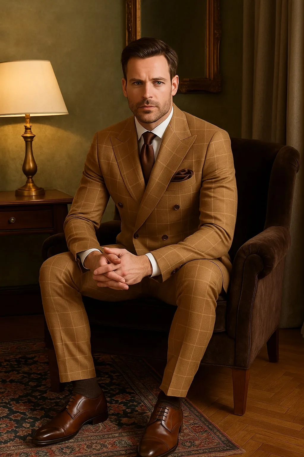 Tan Windowpane Plaid Suit – Rossiman Double-Breasted Men’s Two-Piece in Camel sold by Alberto Nardoni