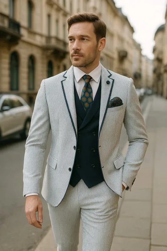 Men's White and Navy Pinstripe Suit with Contrast Trim – 3-Piece Seersucker Style Set for Weddings and Summer Events sold by Alberto Nardoni