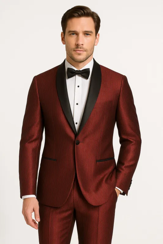 Men's Burgundy Shiny Tuxedo with Black Satin Shawl Lapel – Ultra Slim Fit Party & Prom Suit sold by Alberto Nardoni