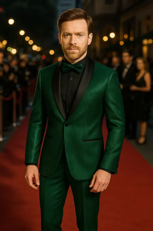 Men's Emerald Green Shiny Tuxedo with Black Satin Lapel and Matching Bow Tie – Ultra Slim Fit sold by Alberto Nardoni