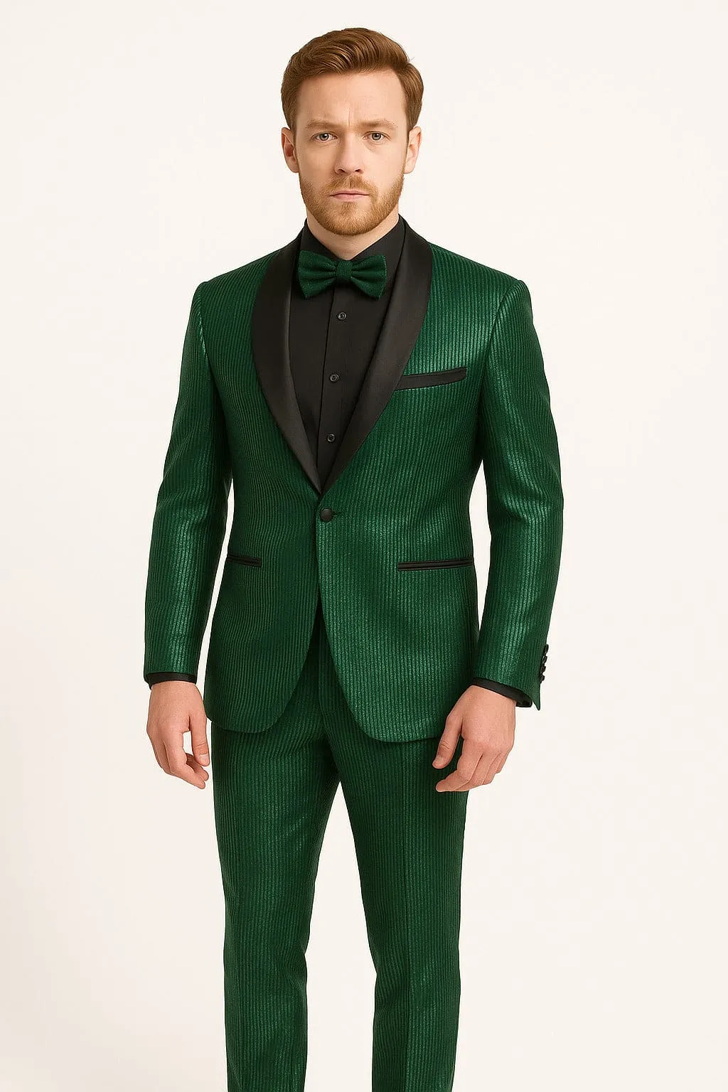 Men's Emerald Green Shiny Tuxedo with Black Satin Lapel and Matching Bow Tie – Ultra Slim Fit sold by Alberto Nardoni product image thumbnail 3