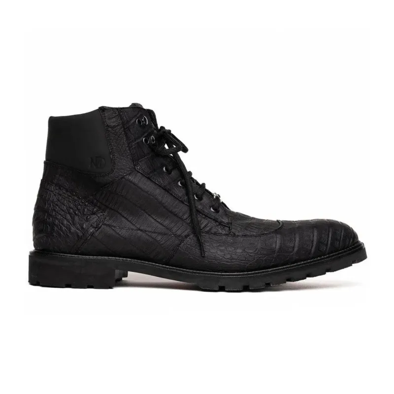 Marco Di Milano Leoni Men's Shoes Oil Black Genuine Caiman Crocodile Rugged Rubber Boots sold by Alberto Nardoni