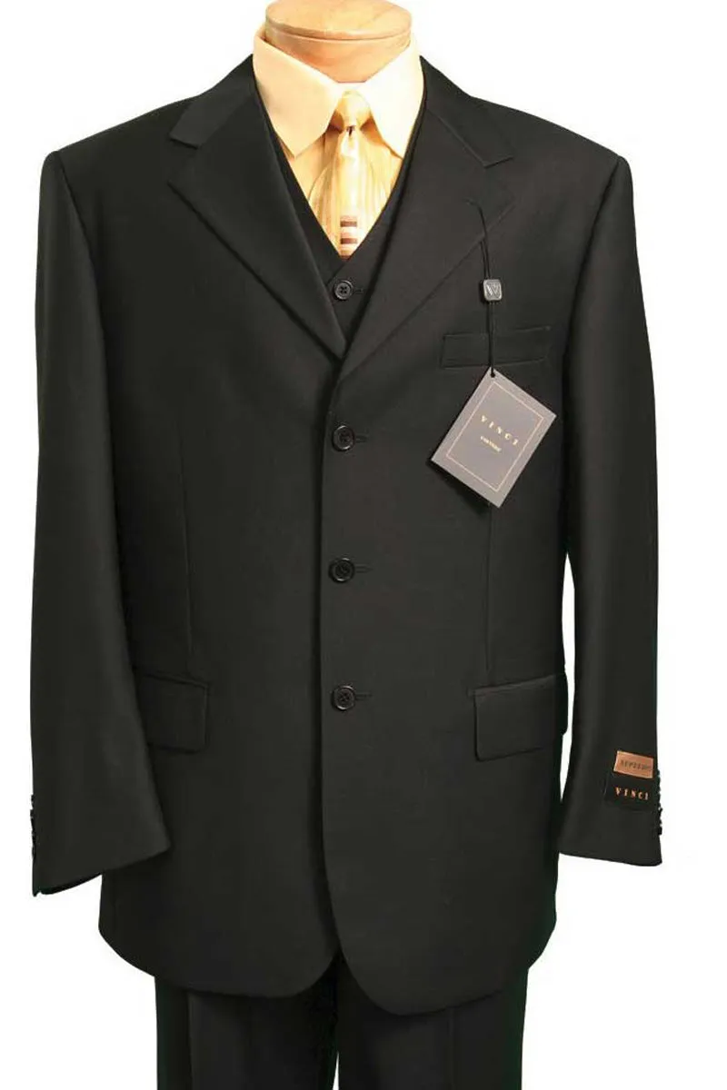 Mens 3 Button Vested Basic Wool Feel Suit in Black sold by Alberto Nardoni