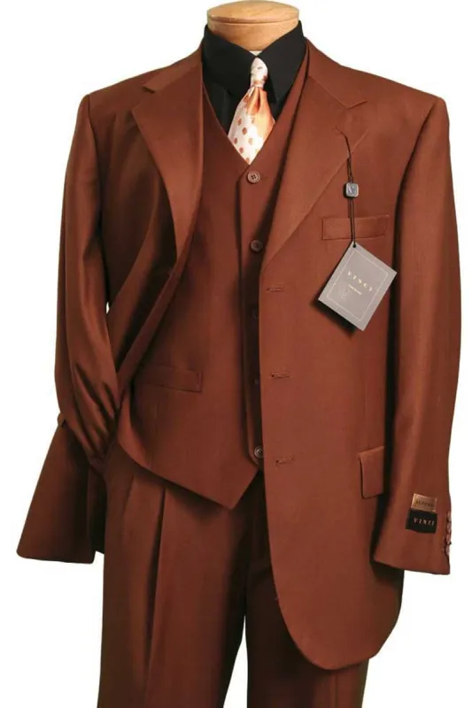 Mens 2 Button Vested Basic Wool Feel Suit in Cognac sold by Alberto Nardoni