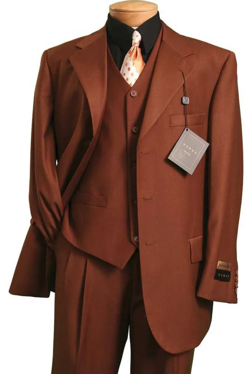 Mens 2 Button Vested Basic Wool Feel Suit in Cognac sold by Alberto Nardoni