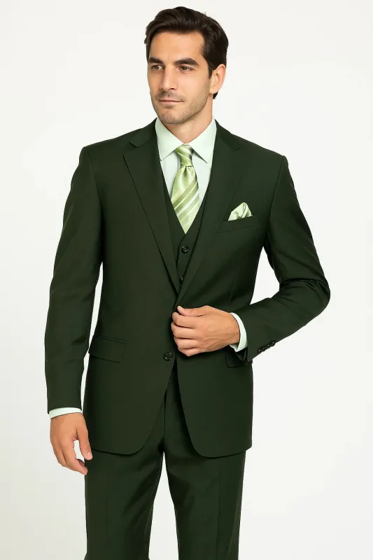 Mens 2 Button Vested Basic Wool Feel Suit in Olive made by Alberto Nardoni
