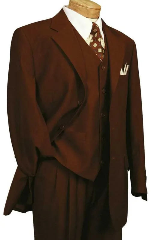 Mens 3 Button Vested Basic Wool Feel Suit in Brown sold by Alberto Nardoni