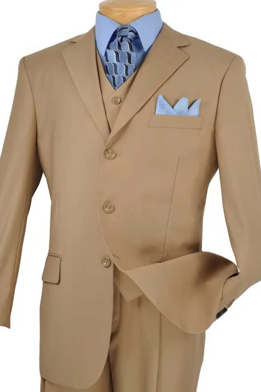 Mens 3 Button Vested Basic Wool Feel Suit in Khaki sold by Alberto Nardoni