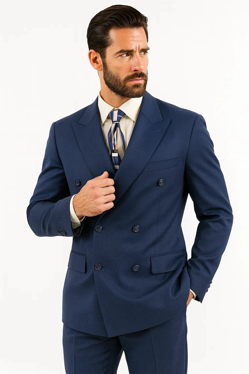 Mens Classic Wool Feel Double Breasted Suit in Blue sold by Alberto Nardoni
