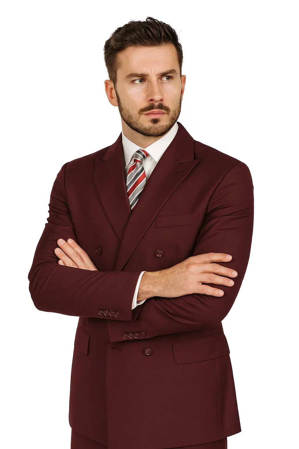 Mens Classic Wool Feel Double Breasted Suit in Burgundy sold by Alberto Nardoni