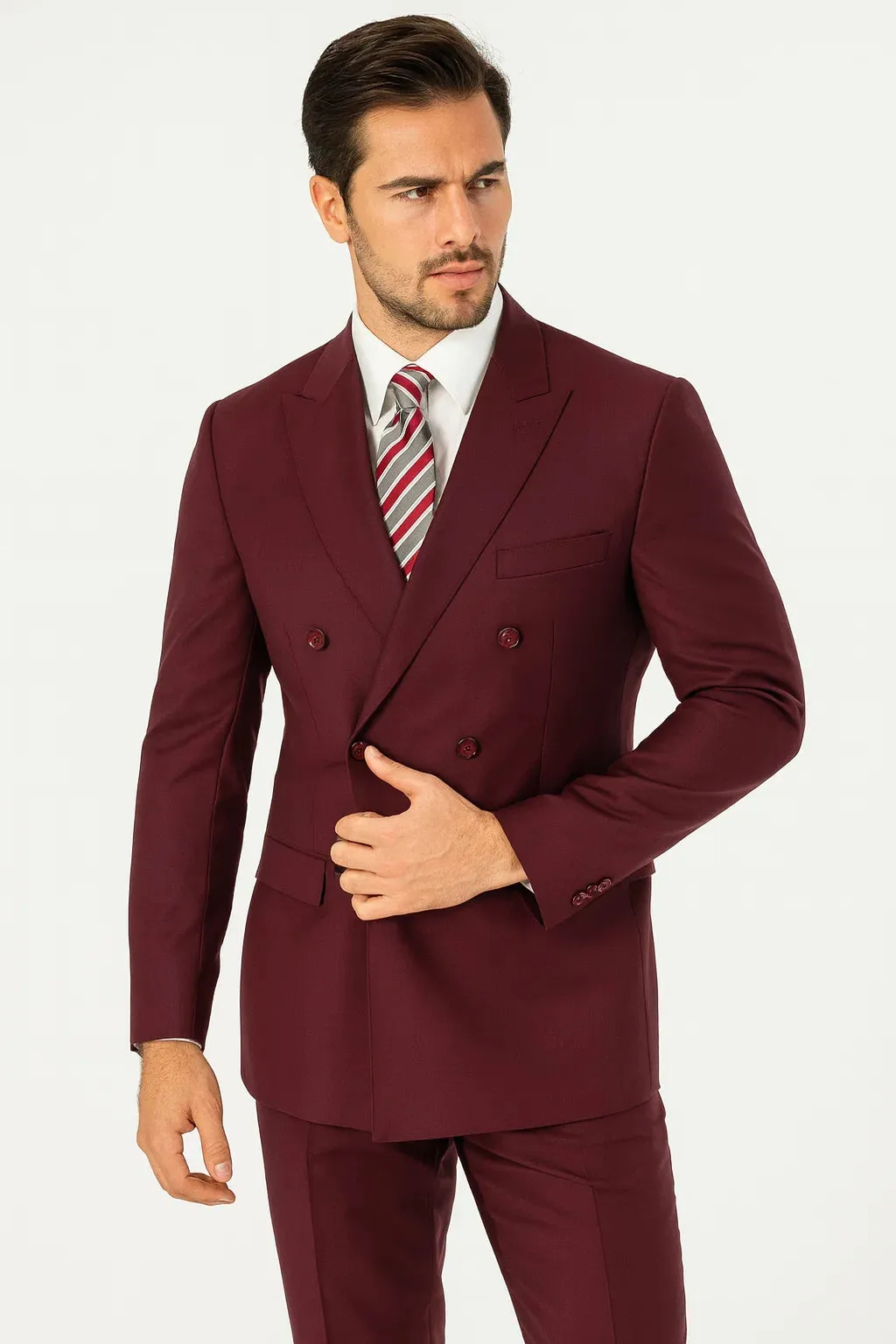Mens Classic Wool Feel Double Breasted Suit in Burgundy sold by Alberto Nardoni product image thumbnail 2
