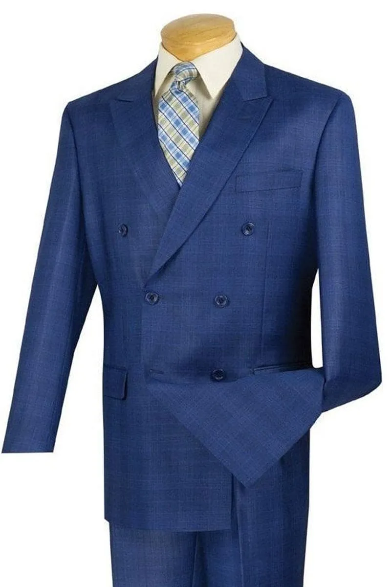 Mens Classic Wool Feel Double Breasted Glen Plaid Suit in Blue sold by Alberto Nardoni