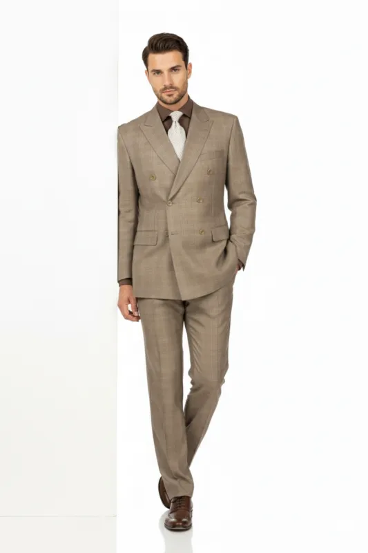 Mens Classic Wool Feel Double Breasted Glen Plaid Suit in Tan sold by Alberto Nardoni