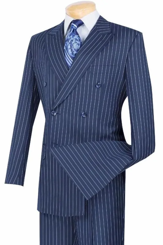 Mens Double Breasted Gangster Bold Pinstripe Suit in Blue sold by Alberto Nardoni