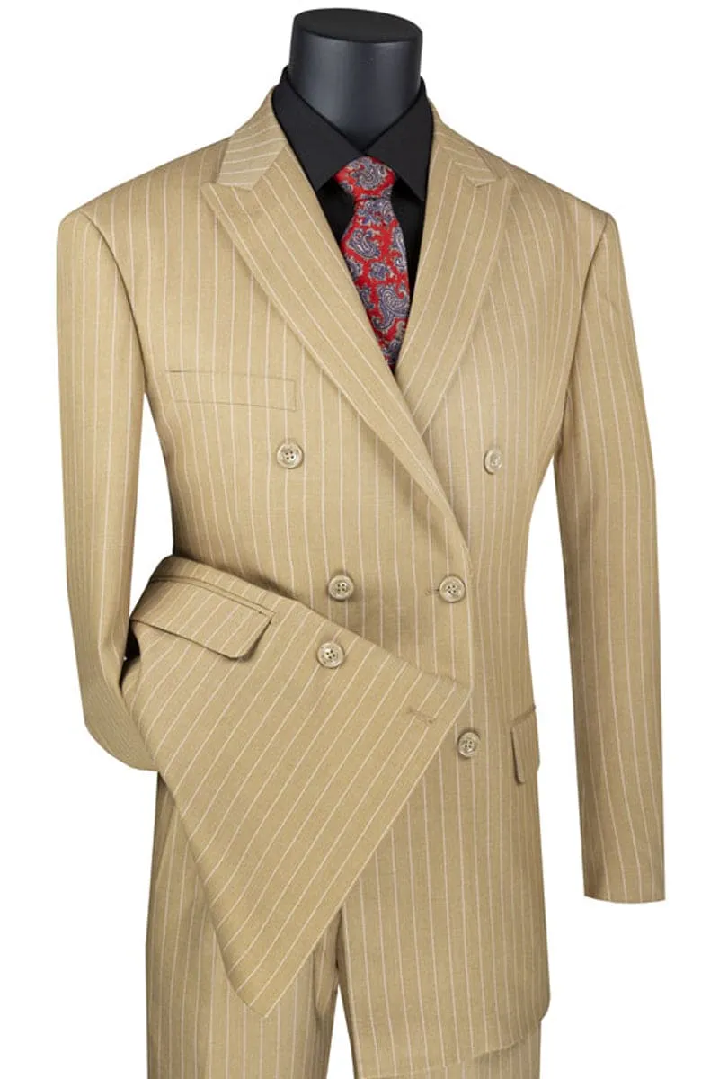 Mens Double Breasted Gangster Bold Pinstripe Suit in Camel sold by Alberto Nardoni