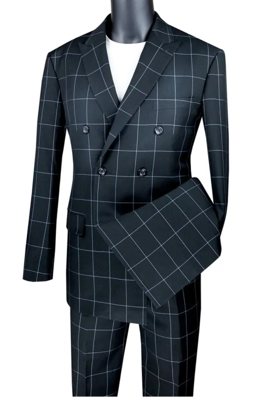 Mens Double Breasted Bold Windowpane Suit in Black sold by Alberto Nardoni