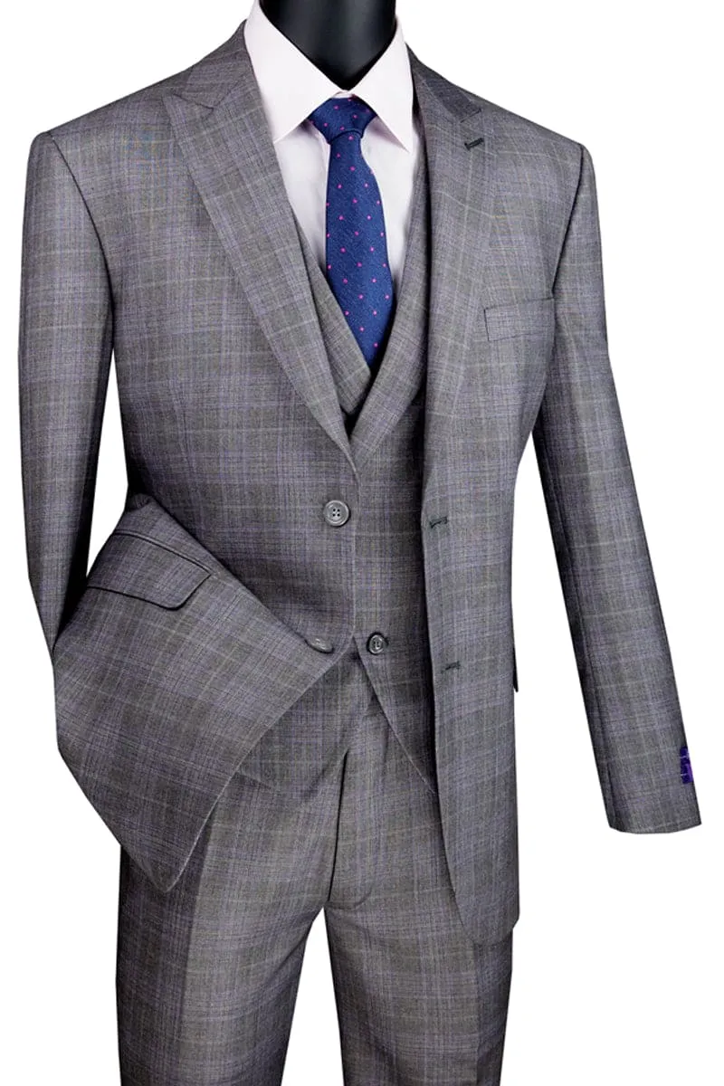 Mens 2 Button Vested Peak Lapel Plaid Suit in Grey sold by Alberto Nardoni