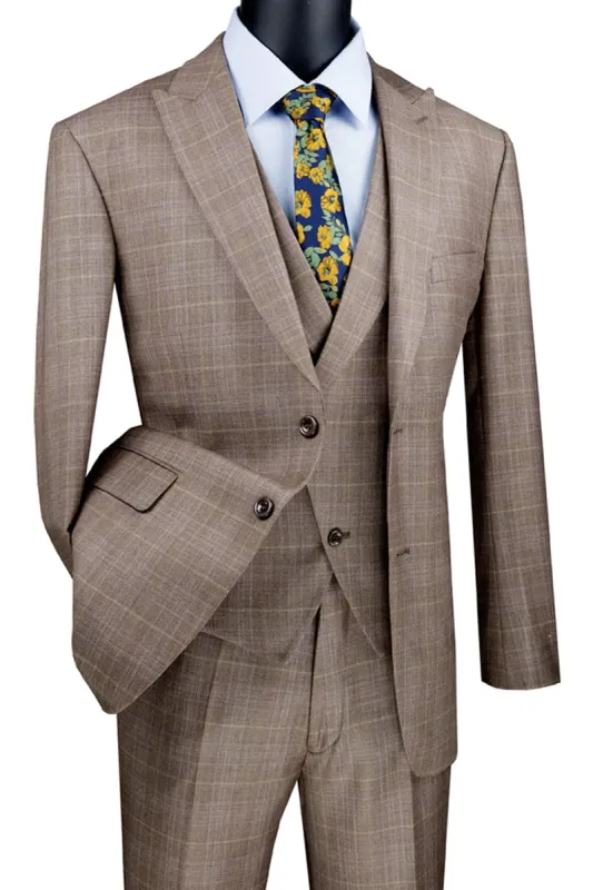 Mens 2 Button Vested Peak Lapel Plaid Suit in Tan sold by Alberto Nardoni