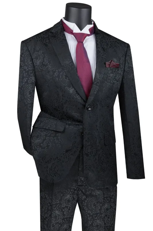 Mens Slim Fit Paisley Prom Suit in Black sold by Alberto Nardoni