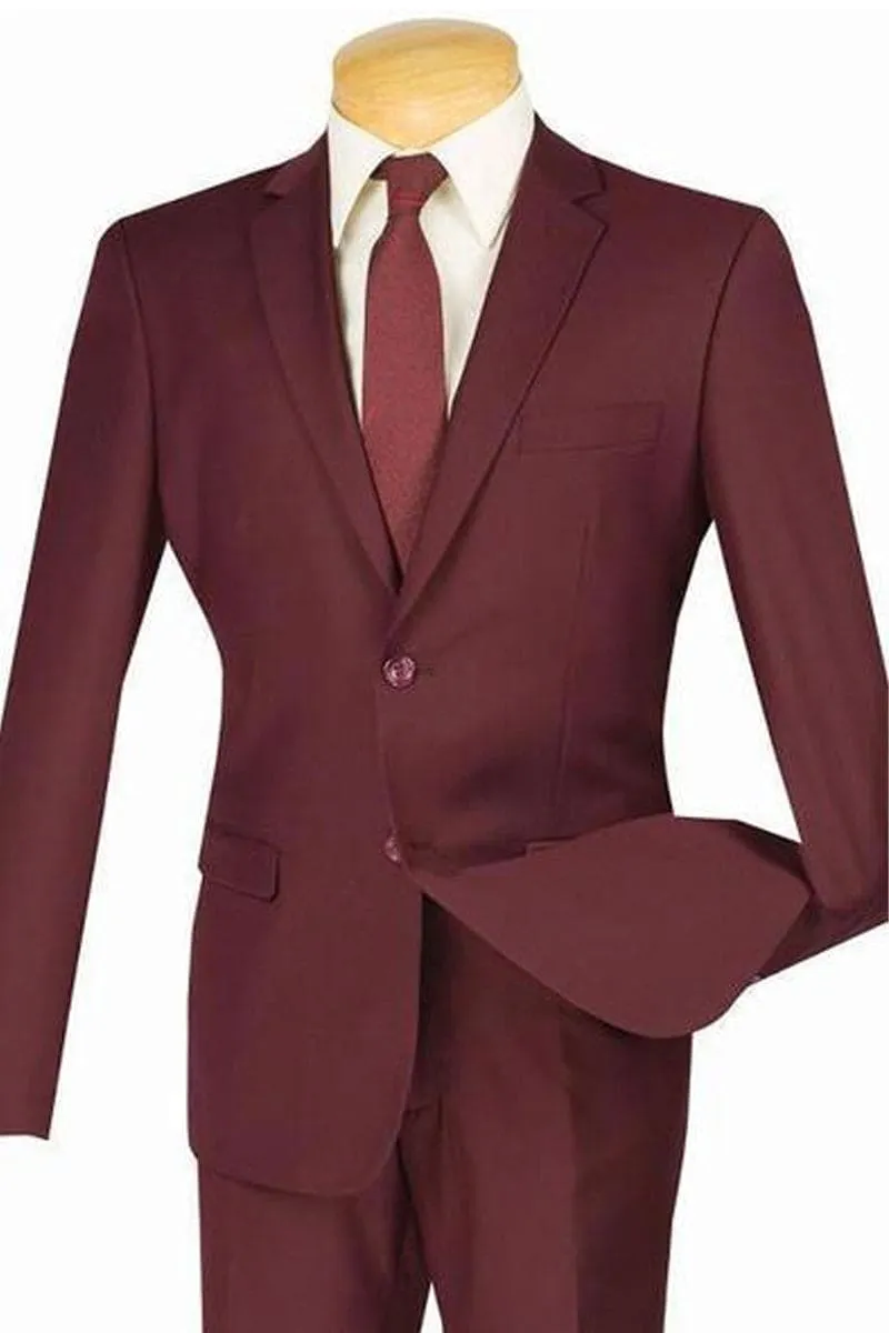 Mens 2 Button Slim Fit Poplin Suit in Burgundy sold by Alberto Nardoni