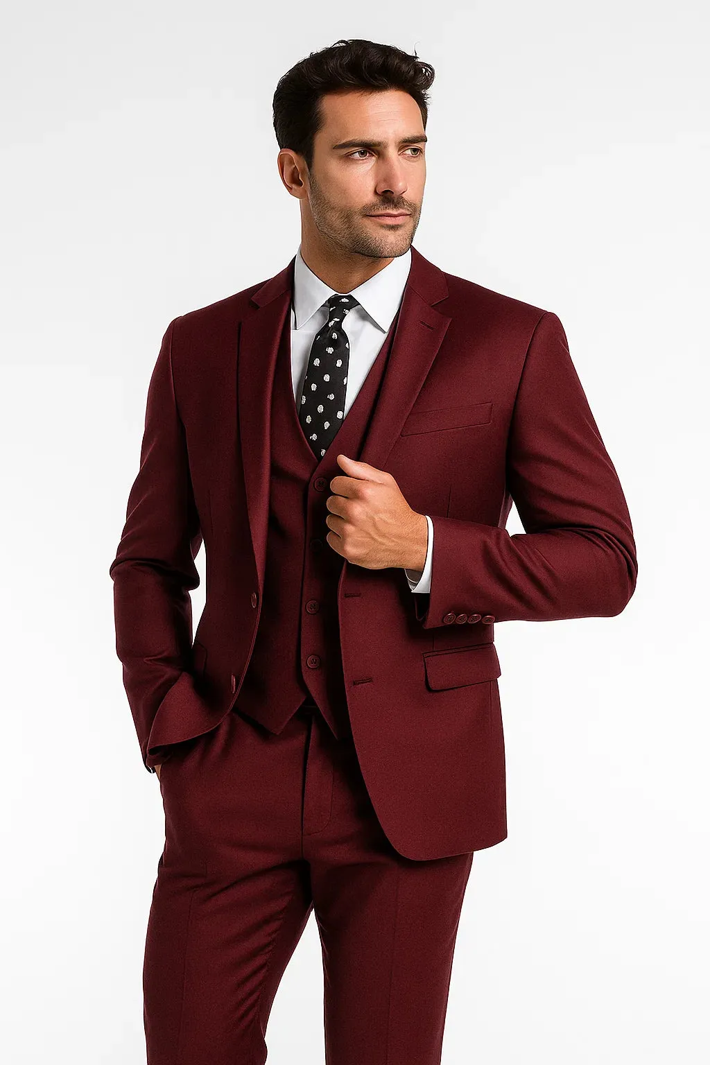 Mens Vested Slim Fit Wool Feel Suit in Burgundy sold by Alberto Nardoni product image thumbnail 4