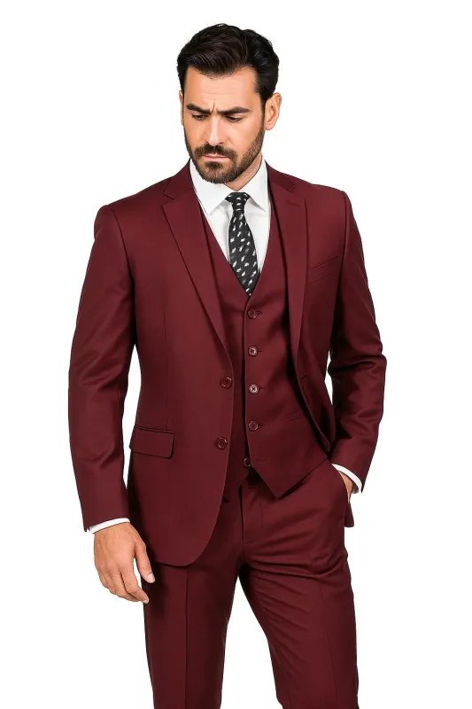 Mens Vested Slim Fit Wool Feel Suit in Burgundy sold by Alberto Nardoni