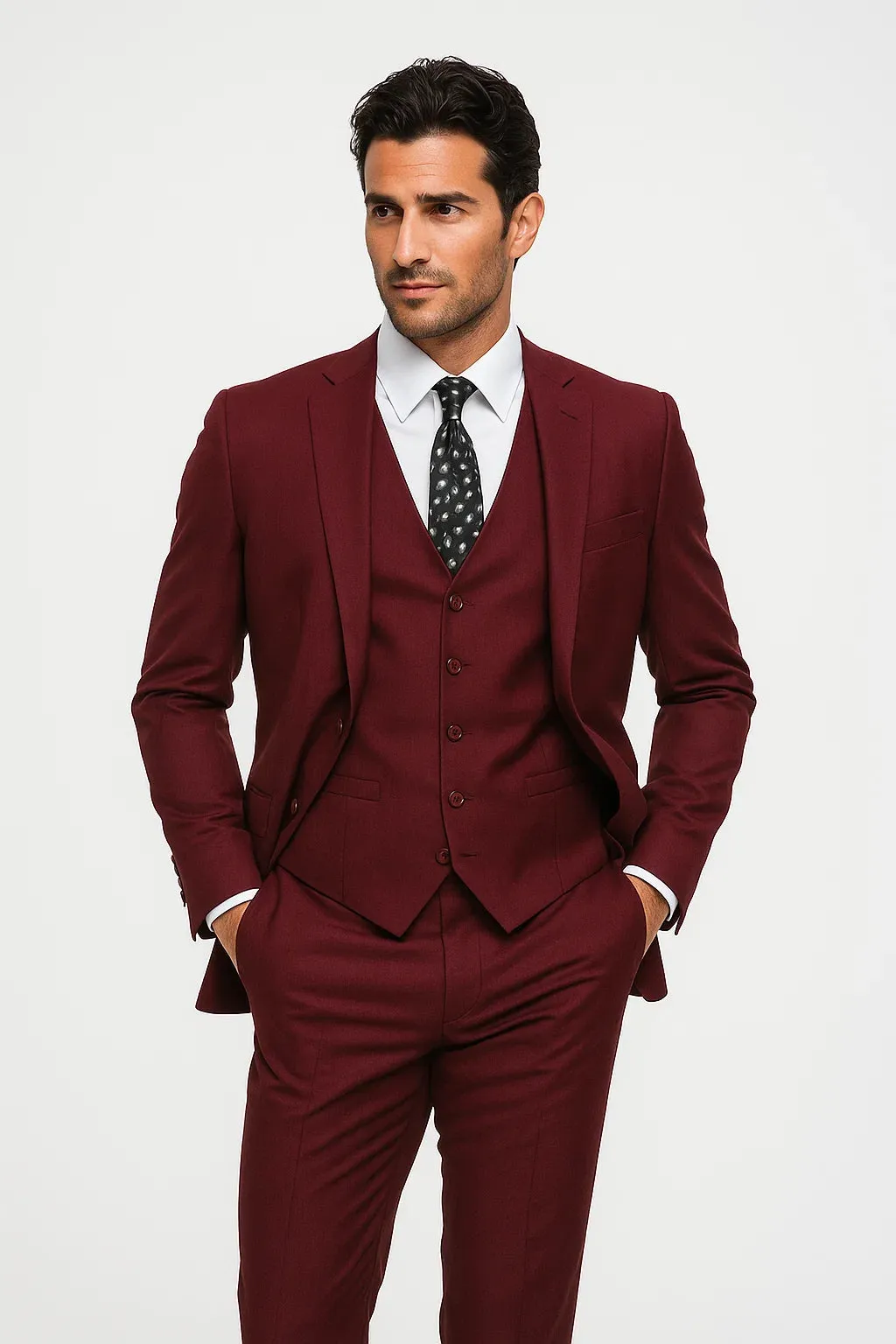 Mens Vested Slim Fit Wool Feel Suit in Burgundy sold by Alberto Nardoni product image thumbnail 3