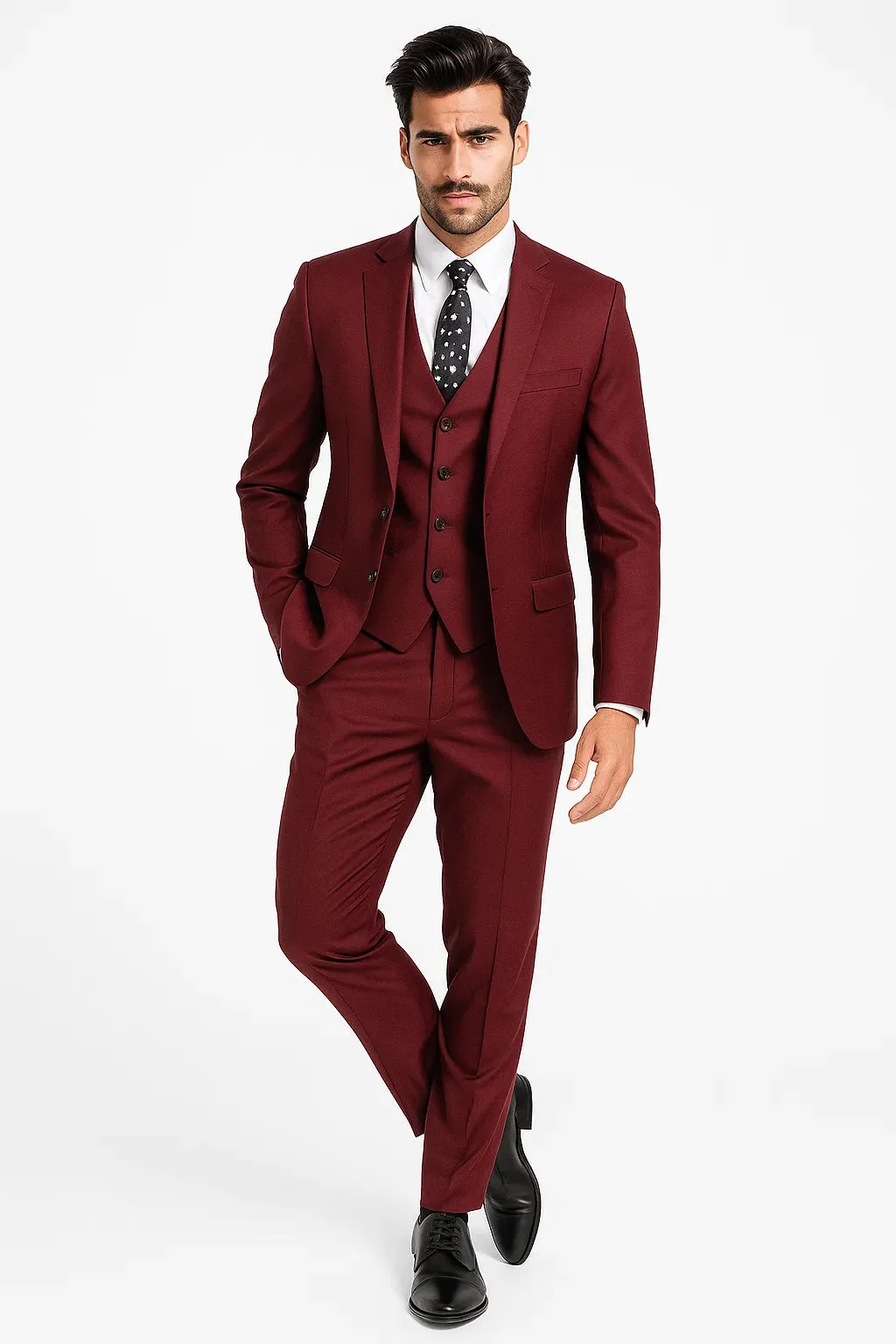 Mens Vested Slim Fit Wool Feel Suit in Burgundy sold by Alberto Nardoni product image thumbnail 5