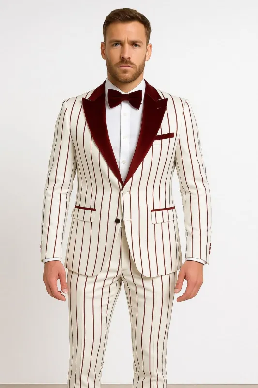 Mens White and Burgundy Pinstripe Tuxedo with Velvet Shawl Lapel and Matching Bow Tie made by Alberto Nardoni