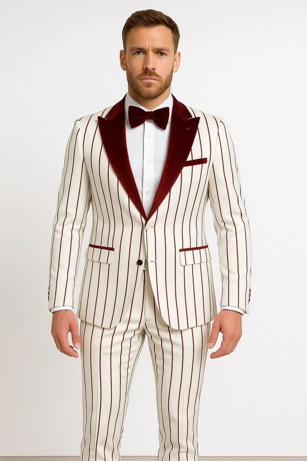 Mens White and Burgundy Pinstripe Tuxedo with Velvet Shawl Lapel and Matching Bow Tie sold by Alberto Nardoni