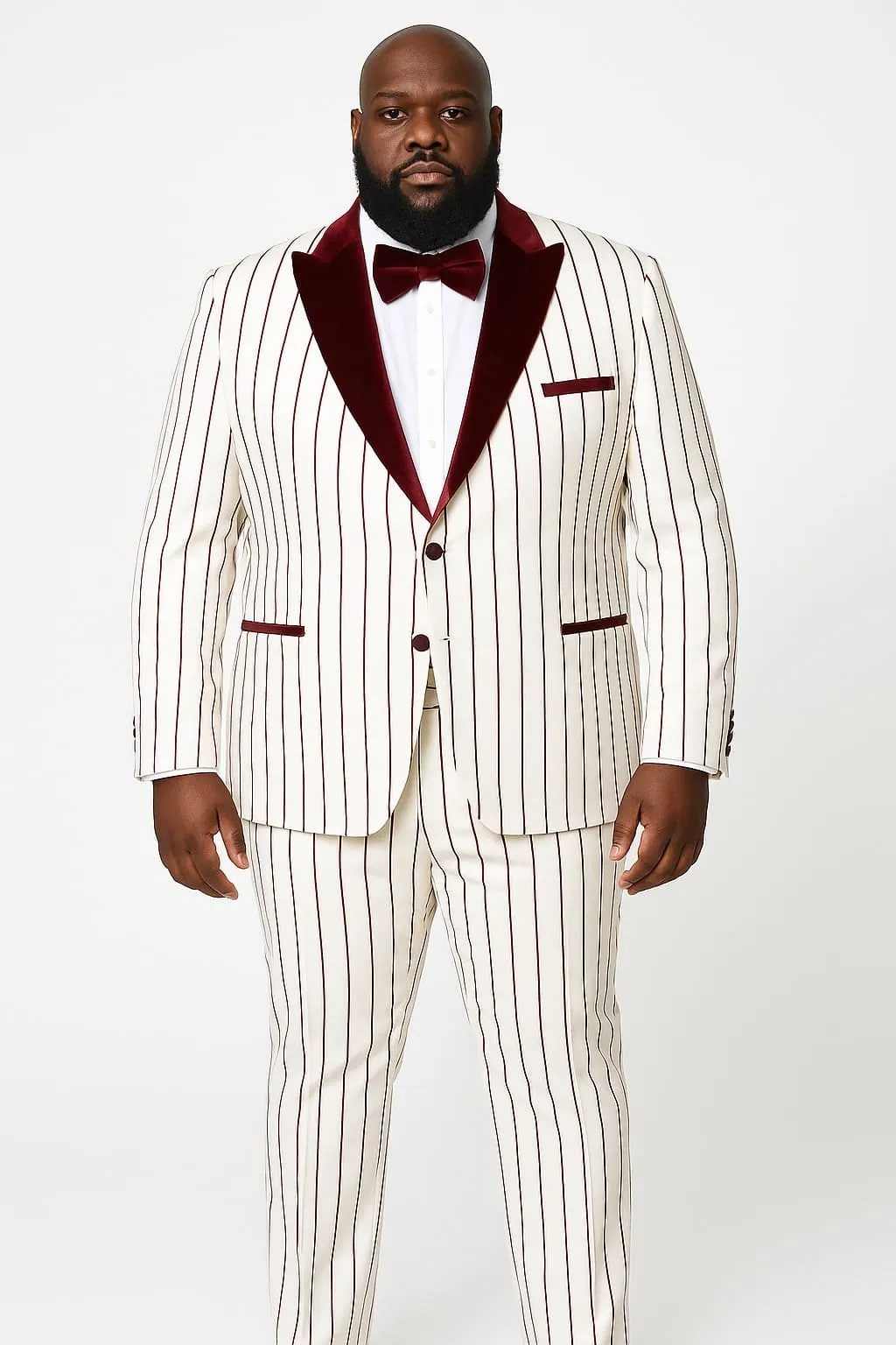 Mens White and Burgundy Pinstripe Tuxedo with Velvet Shawl Lapel and Matching Bow Tie sold by Alberto Nardoni product image thumbnail 5