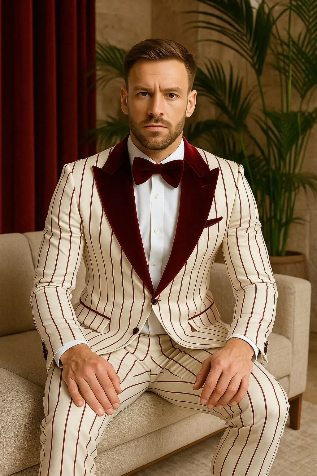 Mens White and Burgundy Pinstripe Tuxedo with Velvet Shawl Lapel and Matching Bow Tie sold by Alberto Nardoni product image thumbnail 2