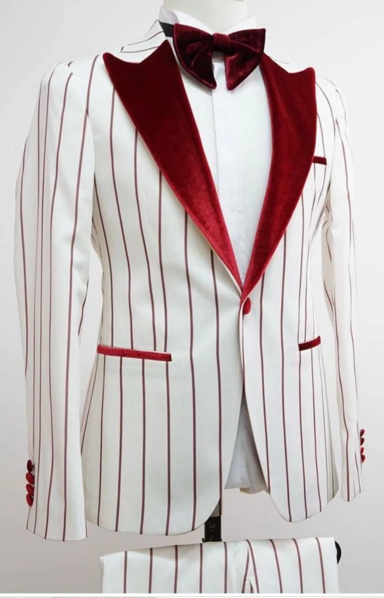 Mens White and Burgundy Pinstripe Tuxedo with Velvet Shawl Lapel and Matching Bow Tie sold by Alberto Nardoni product image thumbnail 4