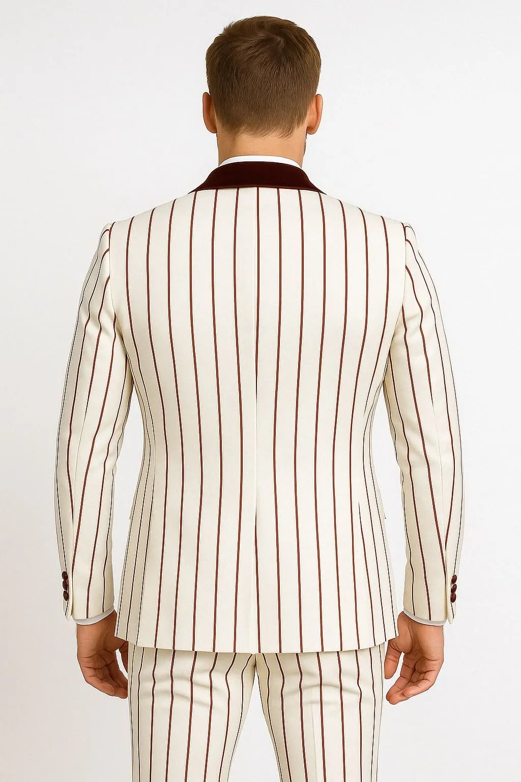 Mens White and Burgundy Pinstripe Tuxedo with Velvet Shawl Lapel and Matching Bow Tie sold by Alberto Nardoni product image thumbnail 3