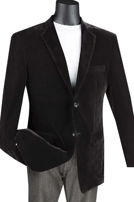 Mens Modern Fit 2 Button Velvet Blazer in Black sold by Alberto Nardoni