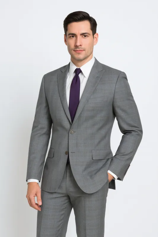 Mens 2 Button Peak Lapel Modern Plaid Suit in Grey sold by Alberto Nardoni