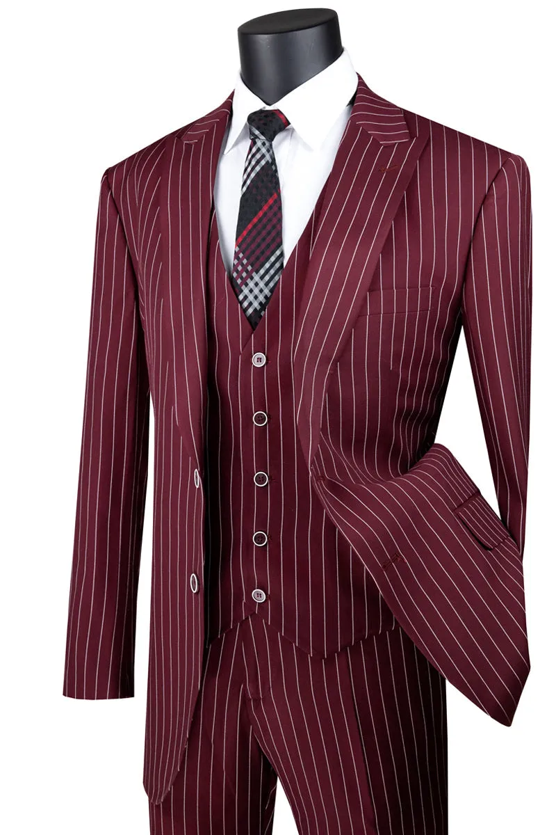 Mens Vested Gangster Pinstripe 1920's Suit in Burgundy sold by Alberto Nardoni