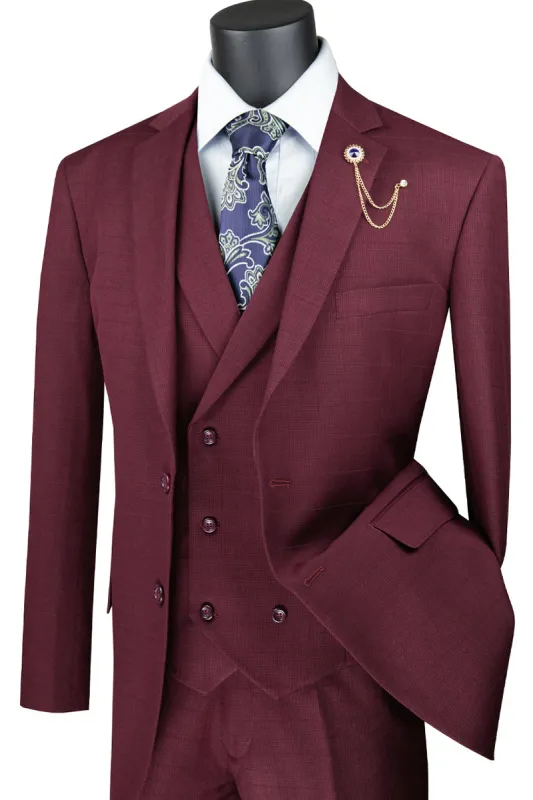 Mens 2 Button Double Breasted Vest Plaid Suit in Burgundy sold by Alberto Nardoni