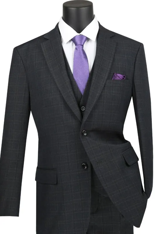 Mens Classic Fit Banker Plaid Vested Suit in Black sold by Alberto Nardoni