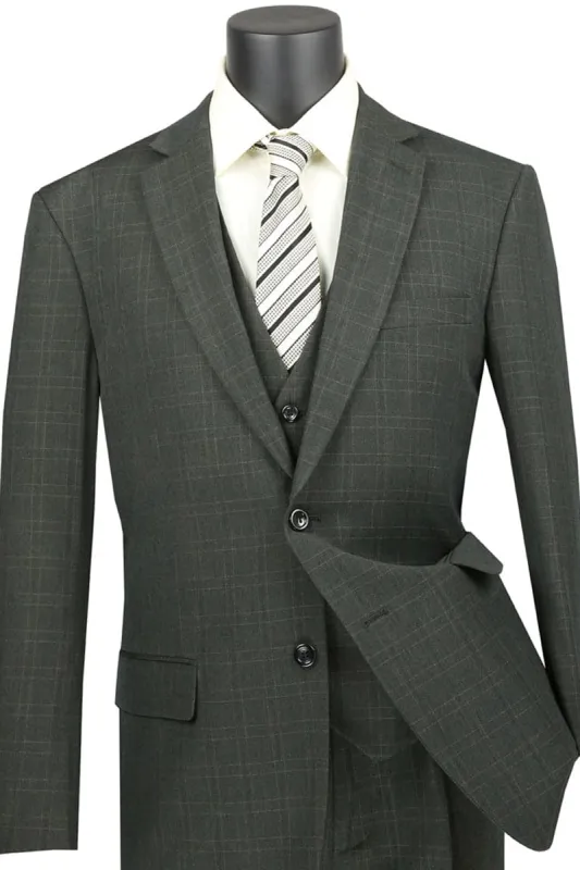 Mens Classic Fit Banker Plaid Vested Suit in Olive sold by Alberto Nardoni